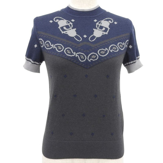 Hermes 2022 Court Harness Cashmere Silk Short Sleeves Knit Navy Gray 36 Made