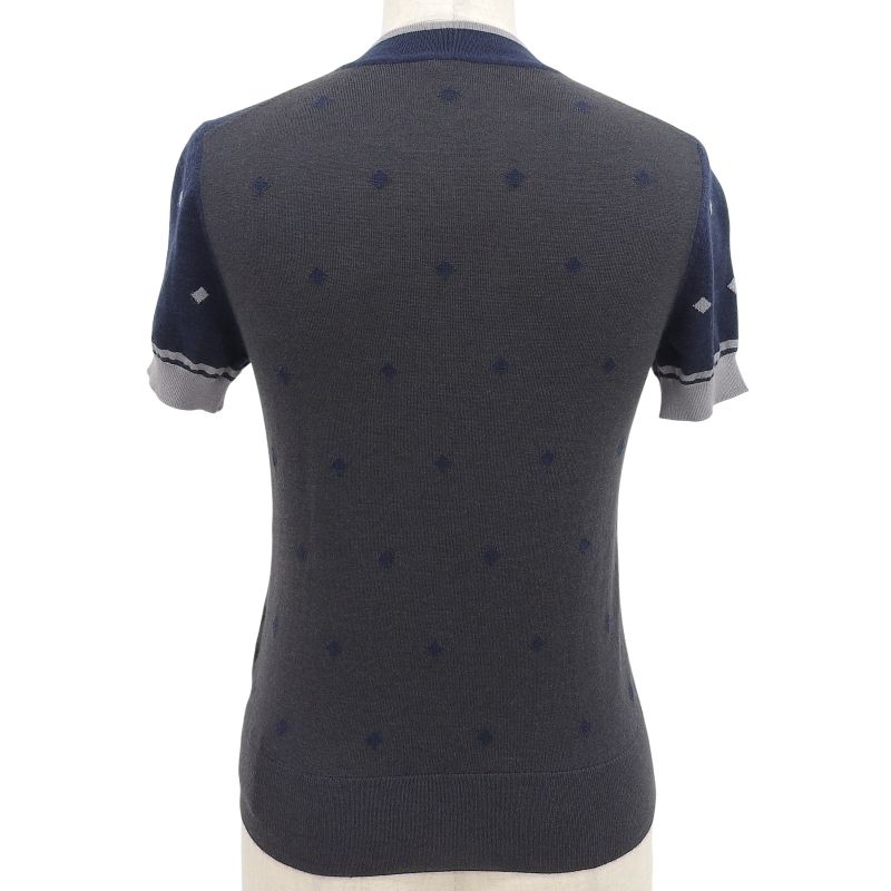 Hermes 2022 Court Harness Cashmere Silk Short Sleeves Knit Navy Gray 36 Made