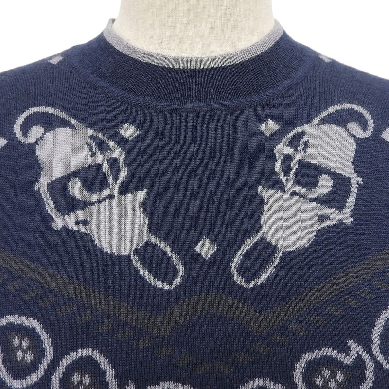 Hermes 2022 Court Harness Cashmere Silk Short Sleeves Knit Navy Gray 36 Made