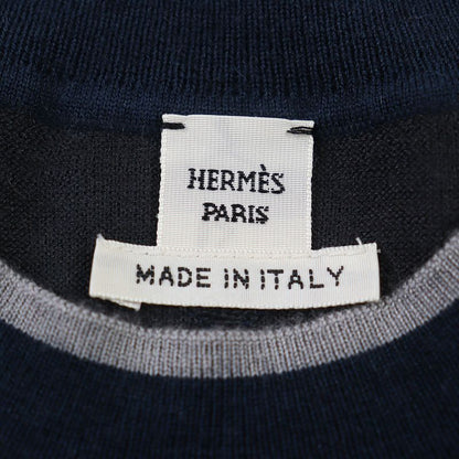 Hermes 2022 Court Harness Cashmere Silk Short Sleeves Knit Navy Gray 36 Made