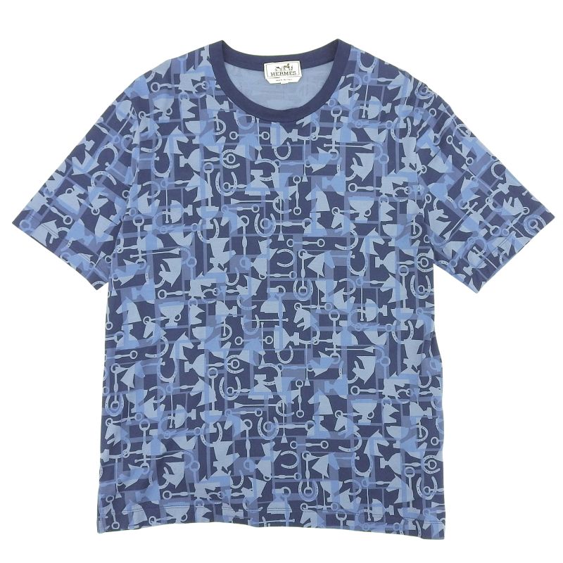 Hermes 100% Cotton Horse Allover Pattern Show Sleeve Short Sleeve T-shirt Navy