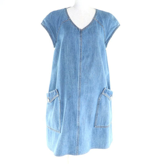 CHANEL P49384 100% Cotton Dallas Button Sleeveless Denim Dress Indigo 44