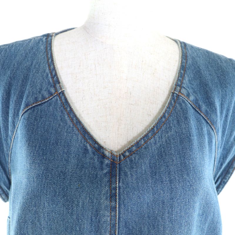 CHANEL P49384 100% Cotton Dallas Button Sleeveless Denim Dress Indigo 44