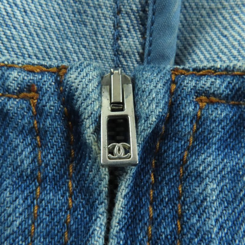 CHANEL P49384 100% Cotton Dallas Button Sleeveless Denim Dress Indigo 44