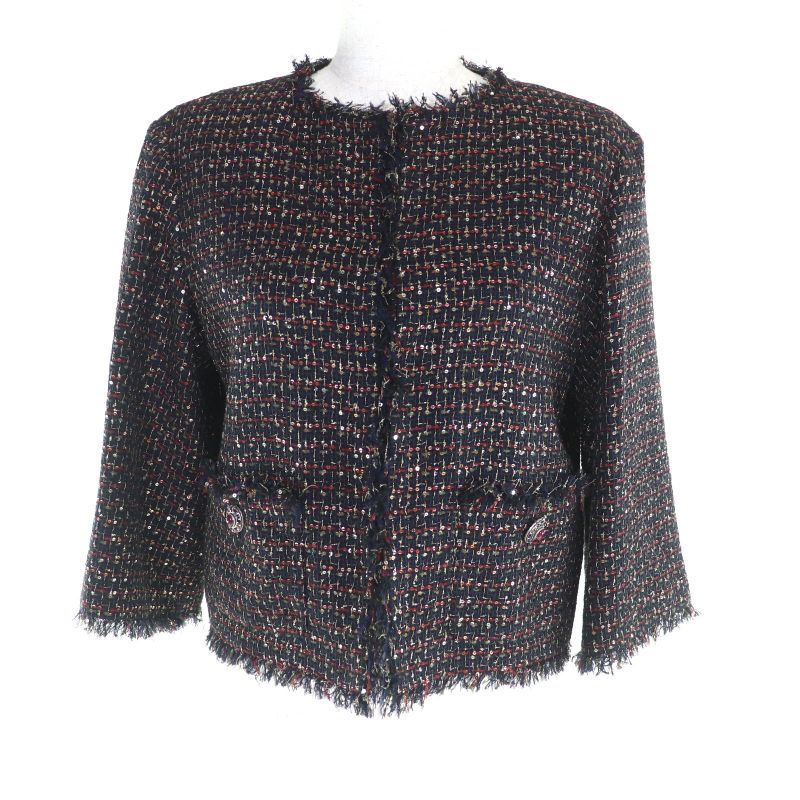 CHANEL 12A P44038 Button With Stones Sequins Tweed Collarless Jacket Multi 34
