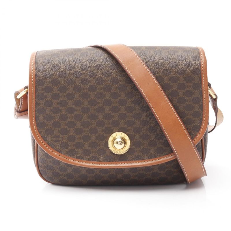 Celine Shoulder Bag Macadam Dark Brown/brown PVC Coated Canvas Leather Macadam