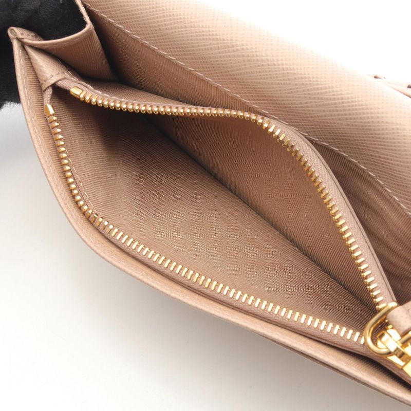Prada Bifold Long Wallet Pink Beige Saffiano Leather ZIP Long Wallet Ladies