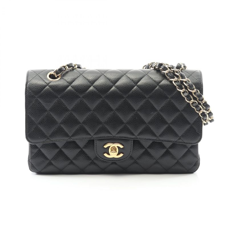 Chanel Shoulder Bag Matelasse W Flap Black Leather Calf Matelasse Double Flap