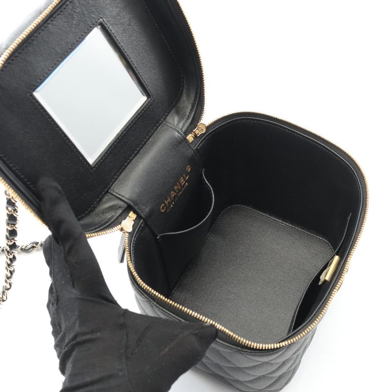 Chanel Shoulder Bag Matelasse Black Leather Calf Matelasse Vanity Chain