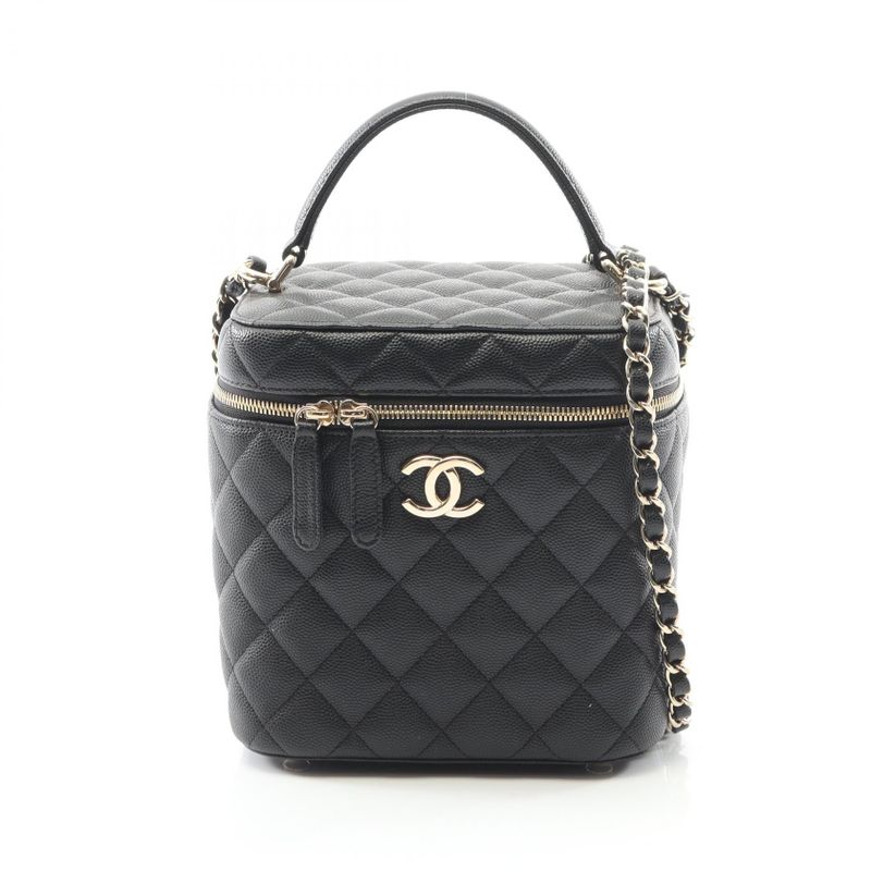 Chanel Shoulder Bag Matelasse Black Leather Calf Matelasse Vanity Chain
