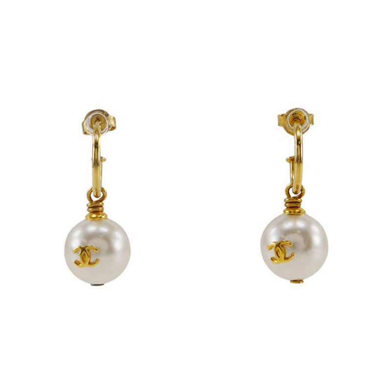 Chanel Coco Mark Hoop Gold Plated And Faux Pearl Ladies 5.8g Earrings