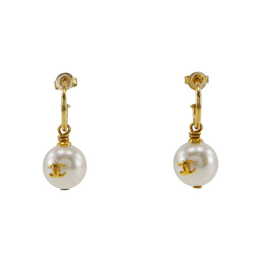 Chanel Coco Mark Hoop Gold Plated And Faux Pearl Ladies 5.8g Earrings