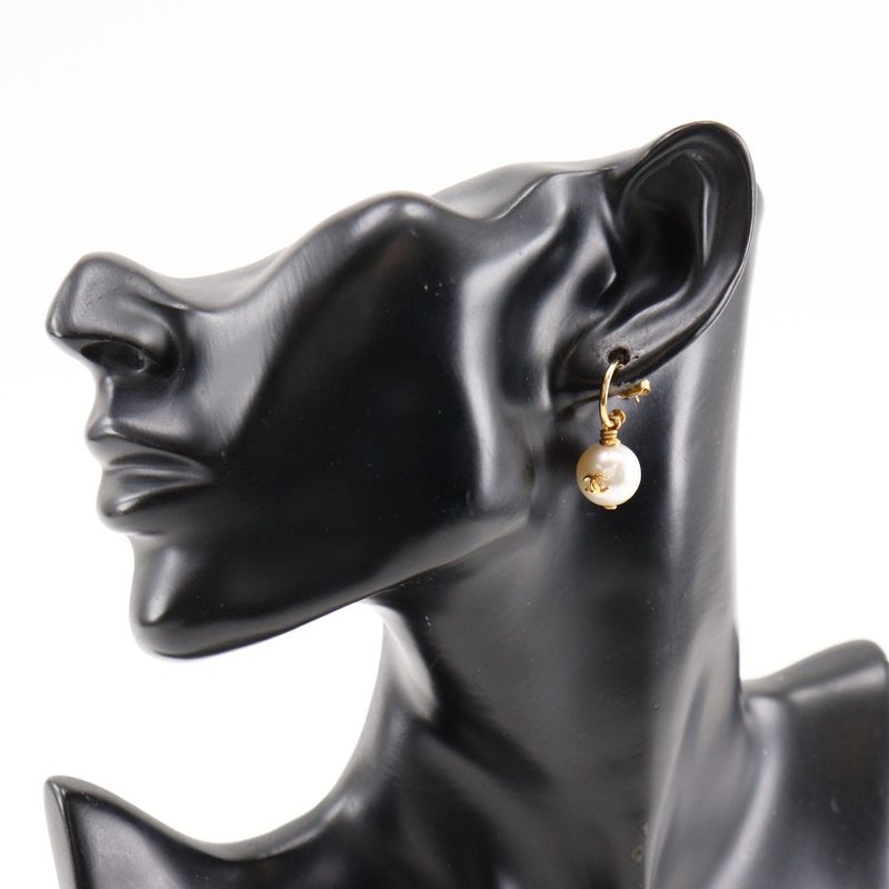 Chanel Coco Mark Hoop Gold Plated And Faux Pearl Ladies 5.8g Earrings