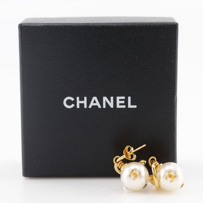 Chanel Coco Mark Hoop Gold Plated And Faux Pearl Ladies 5.8g Earrings