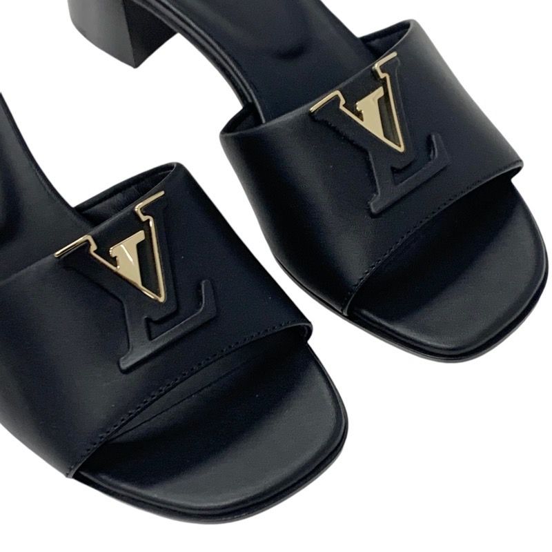 Louis Vuitton Sandals Shoes Leather Black Gold Logo Mule