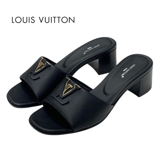 Louis Vuitton Sandals Shoes Leather Black Gold Logo Mule