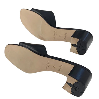 Louis Vuitton Sandals Shoes Leather Black Gold Logo Mule