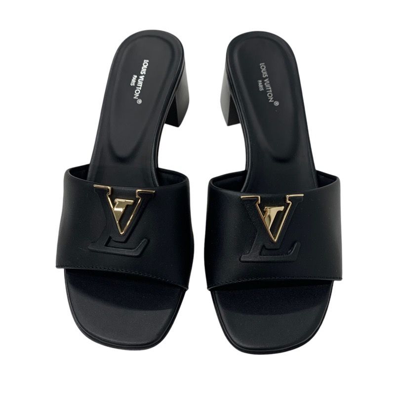 Louis Vuitton Sandals Shoes Leather Black Gold Logo Mule