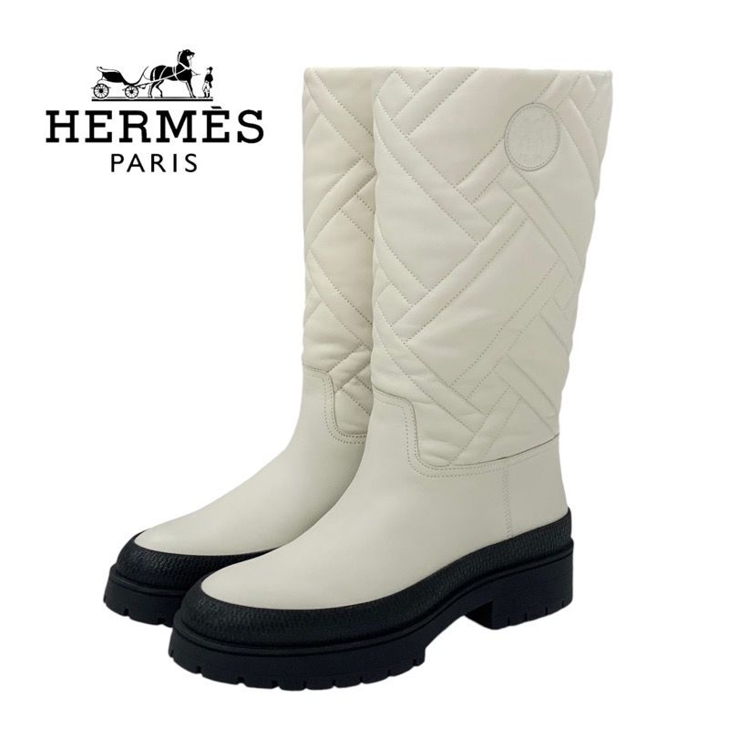 Hermes Fuji Boots Long Boots Shoes Leather Ivory Exlibris Quilting