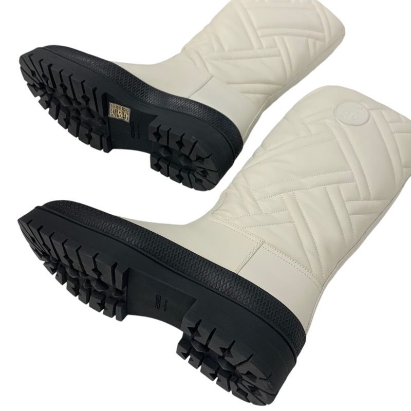Hermes Fuji Boots Long Boots Shoes Leather Ivory Exlibris Quilting