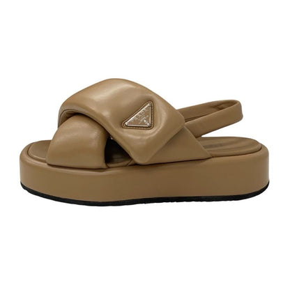 Prada Sandals Shoes Leather Brown Triangle Logo Padded Nappa Strap