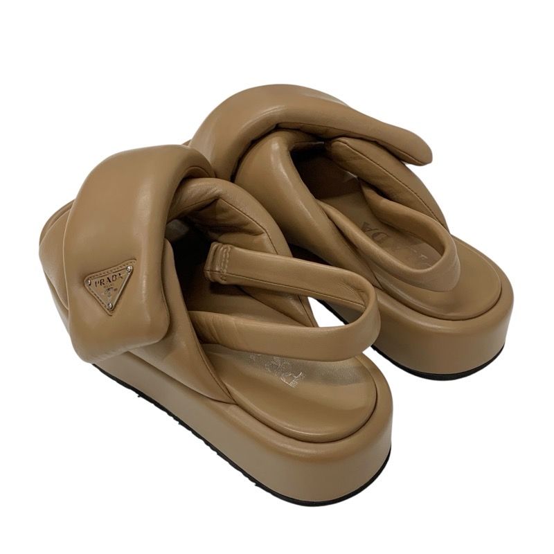 Prada Sandals Shoes Leather Brown Triangle Logo Padded Nappa Strap