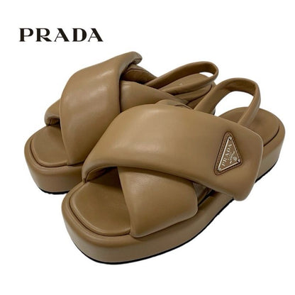 Prada Sandals Shoes Leather Brown Triangle Logo Padded Nappa Strap