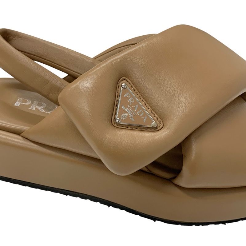 Prada Sandals Shoes Leather Brown Triangle Logo Padded Nappa Strap