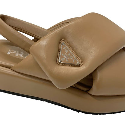 Prada Sandals Shoes Leather Brown Triangle Logo Padded Nappa Strap
