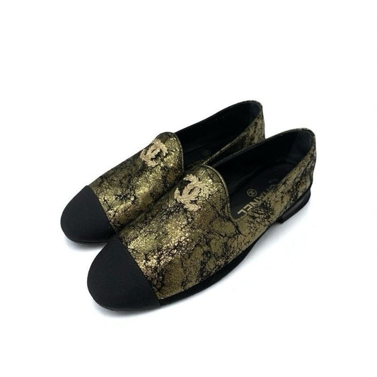 Chanel Loafer Leather Shoes Suede Leather Fabric Black Gold Here Mark
