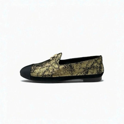 Chanel Loafer Leather Shoes Suede Leather Fabric Black Gold Here Mark