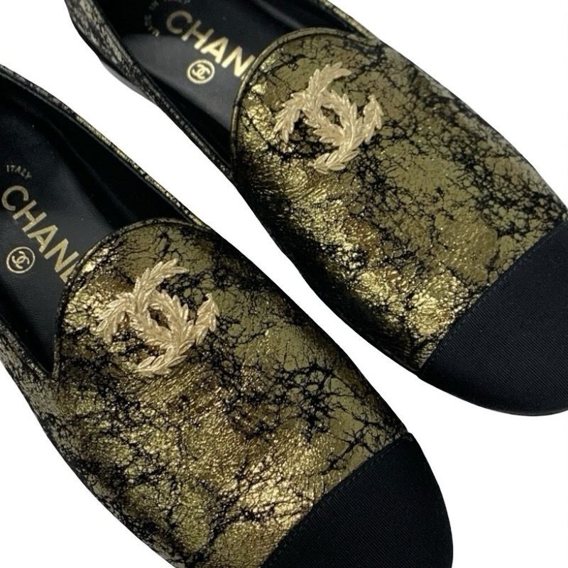 Chanel Loafer Leather Shoes Suede Leather Fabric Black Gold Here Mark