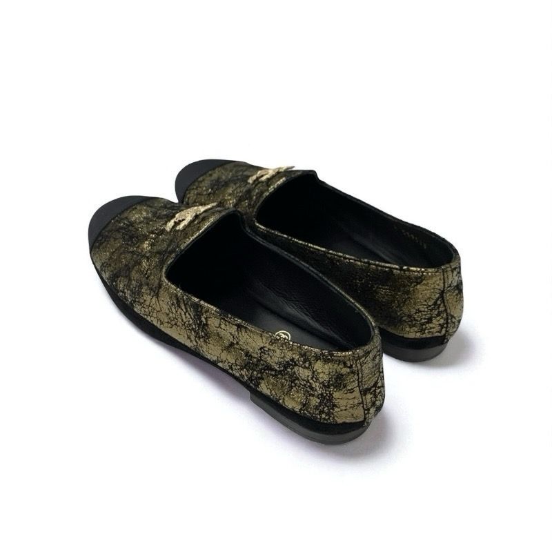 Chanel Loafer Leather Shoes Suede Leather Fabric Black Gold Here Mark