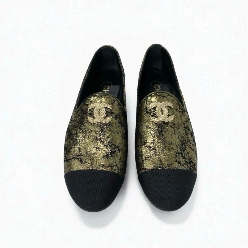 Chanel Loafer Leather Shoes Suede Leather Fabric Black Gold Here Mark
