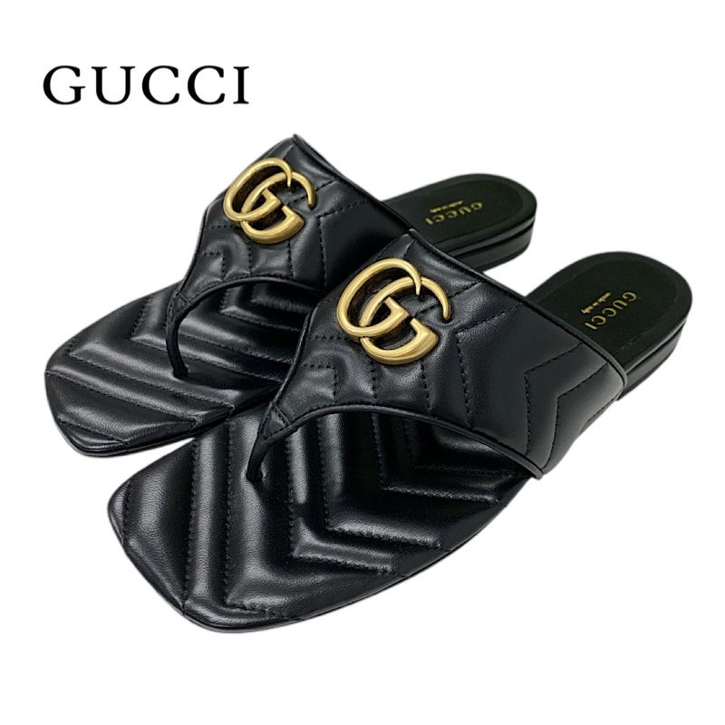 Gucci Sandals Shoes Leather Black Gold Unused Ggmarmont Thong Sandals