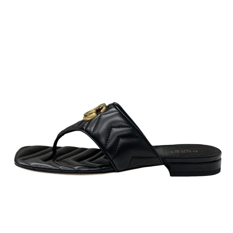 Gucci Sandals Shoes Leather Black Gold Unused Ggmarmont Thong Sandals