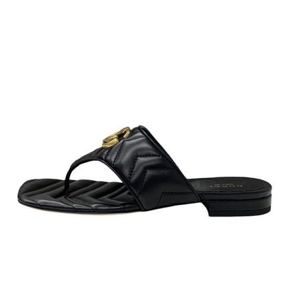 Gucci Sandals Shoes Leather Black Gold Unused Ggmarmont Thong Sandals