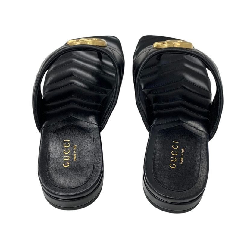 Gucci Sandals Shoes Leather Black Gold Unused Ggmarmont Thong Sandals