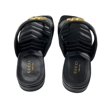 Gucci Sandals Shoes Leather Black Gold Unused Ggmarmont Thong Sandals