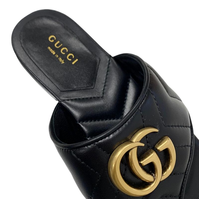 Gucci Sandals Shoes Leather Black Gold Unused Ggmarmont Thong Sandals