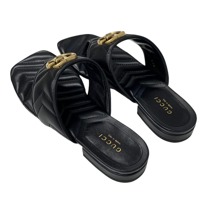 Gucci Sandals Shoes Leather Black Gold Unused Ggmarmont Thong Sandals
