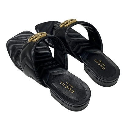Gucci Sandals Shoes Leather Black Gold Unused Ggmarmont Thong Sandals