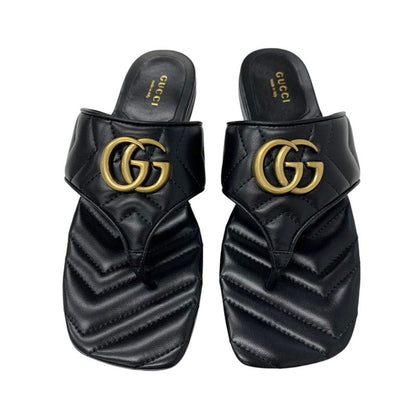 Gucci Sandals Shoes Leather Black Gold Unused Ggmarmont Thong Sandals