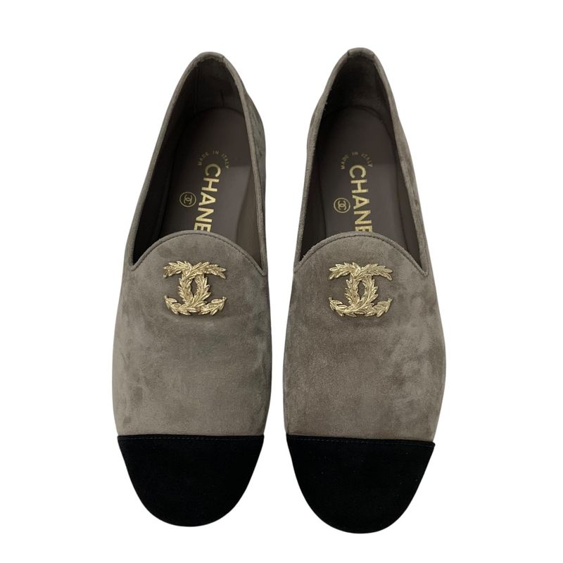 Chanel Flat Shoes Suede Gray Black Gold Here Mark Loafers