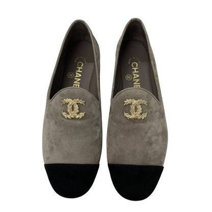 Chanel Flat Shoes Suede Gray Black Gold Here Mark Loafers
