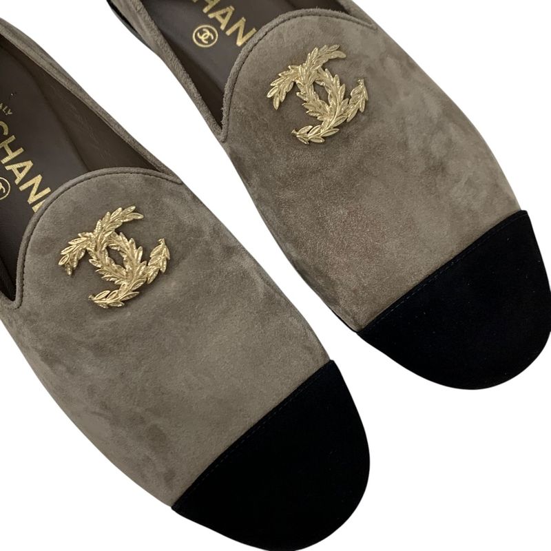 Chanel Flat Shoes Suede Gray Black Gold Here Mark Loafers