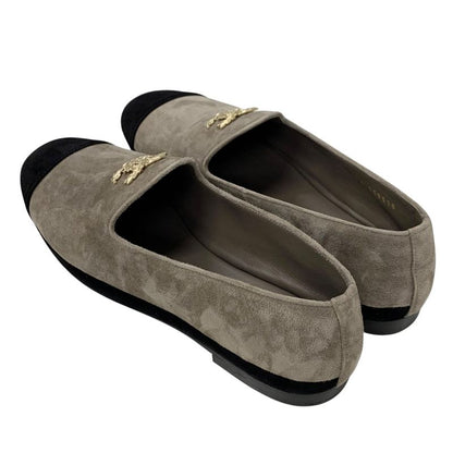 Chanel Flat Shoes Suede Gray Black Gold Here Mark Loafers