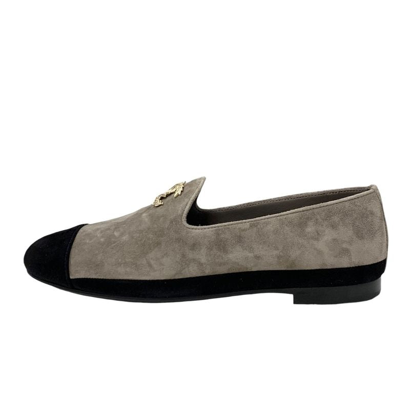Chanel Flat Shoes Suede Gray Black Gold Here Mark Loafers