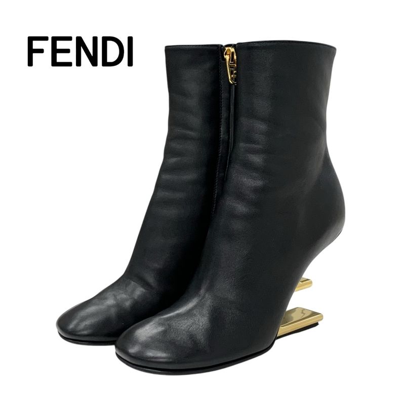 Fendi First Boots Short Boots Shoes Leather Black Gold F Logo