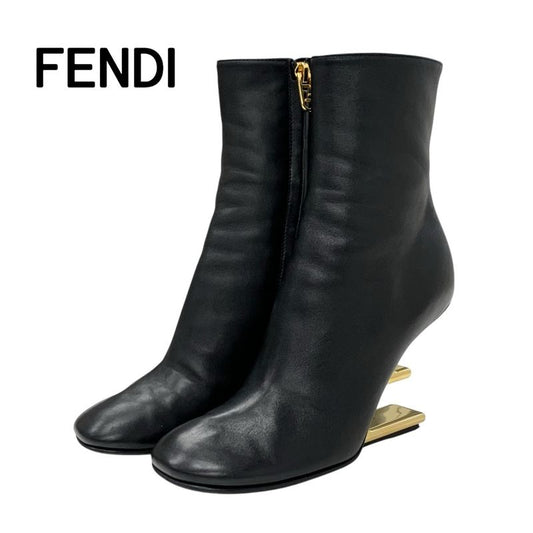 Fendi First Boots Short Boots Shoes Leather Black Gold F Logo
